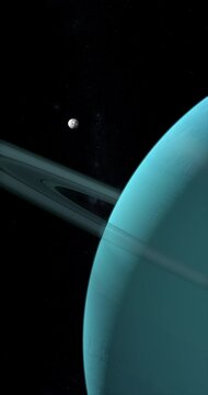 Puck orbiting around Uranus planet in the outer space. 4K Vertical