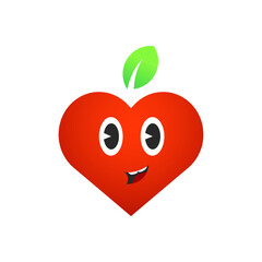 Happy apple character with big eyes vector illustration. Cute modern happy face apple shape as a heart icon design. Awesome happy apple logo idea.