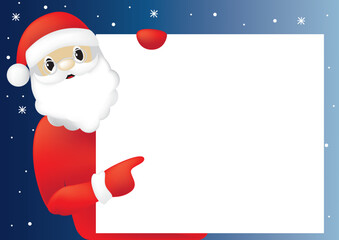 Santa Claus point their finger at empty blank. Christmas vector illustration.
