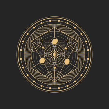 Esoteric occult vector sign with Moon, Sun and geometric figures inside of big circle. Alchemist pentagram, astrological amulet, isolated tarot symbol, spiritual magic talisman or mason emblem