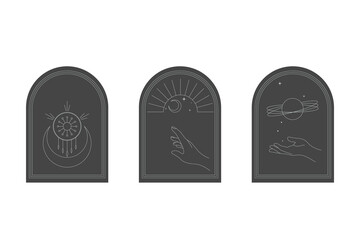 set of card boho style, astrology symbols thin line stroke