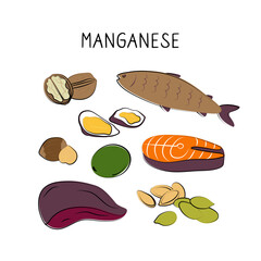 Manganese-containing food. Groups of healthy products containing vitamins and minerals. Set of fruits, vegetables, meats, fish and dairy.