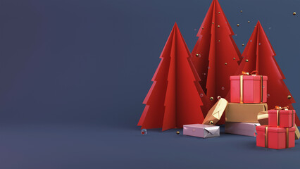 3D Render Of Red Paper Cut Xmas Tree With Balls, Gift Boxes On Blue Background And Copy Space.