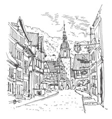 Travel sketch illustration of the Stolberg Sachsen-Anhalt, Germany. Sketchy line art drawing with a pen on paper. Hand-drawn old town. Urban sketch in black color on white background. Freehand drawing