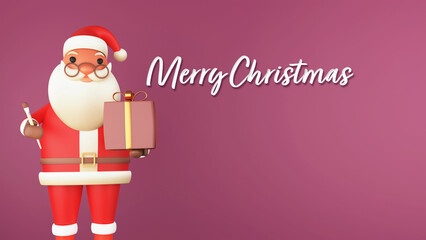 Merry Christmas Celebration Banner Design With 3D Santa Claus Holding Gift Box And Paintbrush On Pink Background.