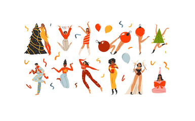 Happy people team together celebrating a holiday Christmas party or New Year on corporate event. Set of man woman with , garland, sparklers, confetti, gift.Vector illustration.Xmas concept art design.