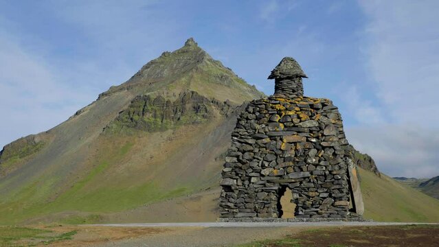 Beautiful view of the iconic Saga monument in Arnarstapi, Iceland