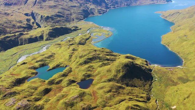 Aerial view of Portage Bay, Unalaska island, Alaska, United States.