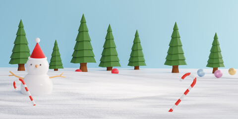 Merry Christmas and happy New Year greeting card with copy-space.Many snowmen standing in winter Christmas landscape.Winter background 3d render