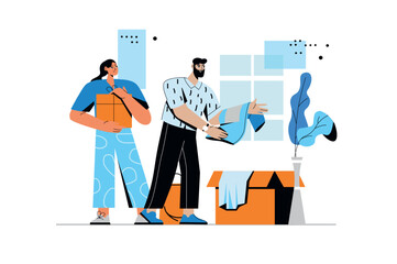 Donation concept with people scene in flat style. Man and woman donates clothes and giving other goods, collecting humanitarian parcel in cardboxes. Vector illustration with character design for web