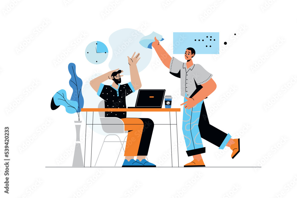 Poster deadline concept with human scene in flat style. colleagues in office rush to complete tasks while t