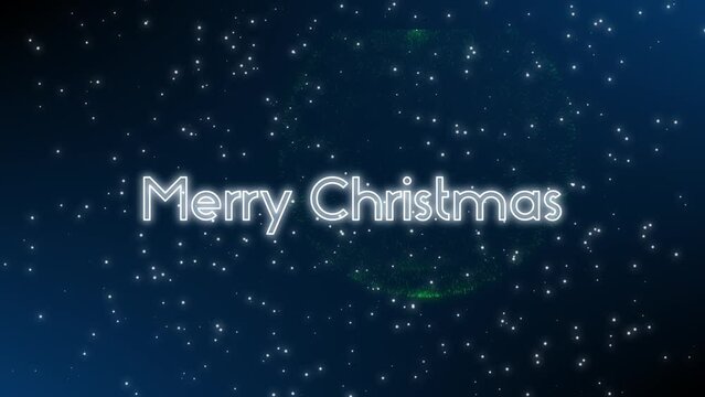 Glowing merry Christmas with animated letters and falling snowflakes background with fireworks on dark blue and black background as festive Christmas greeting for celebration happy holidays