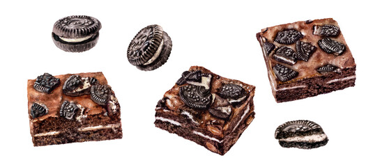 Watercolor illustration of brownies with sandwich cookies, isolated on white background. Collection of sweet desserts. 