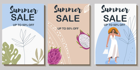 Colorful vector Summer sale layout poster, banner, background, vacation mood, cards, invitation, summer vibes, woman, tropical, tag, relaxation, chill out, pitaya, pitahaya, dragon fruit, leaves.