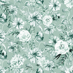 Blooming flowers. Watercolor flowers seamless pattern in green colors. Hand drawn rose buds and poppys with stems and foliage. Summer botanical ornament in vintage style.
