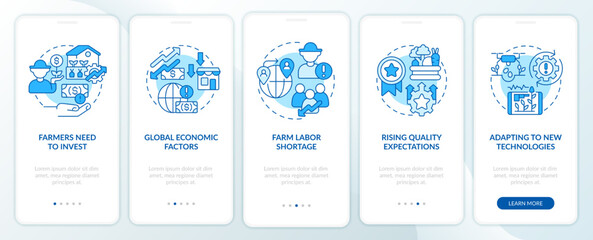 Global problems farmers face blue onboarding mobile app screen. Walkthrough 5 steps editable graphic instructions with linear concepts. UI, UX, GUI template. Myriad Pro-Bold, Regular fonts used