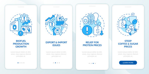 Agriculture drawbacks blue onboarding mobile app screen. Walkthrough 4 steps editable graphic instructions with linear concepts. UI, UX, GUI template. Myriad Pro-Bold, Regular fonts used