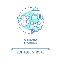 Farm labor deficit turquoise concept icon. Lack of agriculture workforce abstract idea thin line illustration. Isolated outline drawing. Editable stroke. Arial, Myriad Pro-Bold fonts used