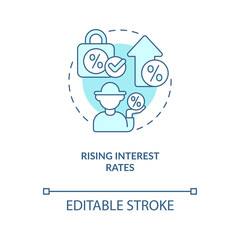 Rising interest rates for farmers turquoise concept icon. Farm lending. Agro business abstract idea thin line illustration. Isolated outline drawing. Editable stroke. Arial, Myriad Pro-Bold fonts used