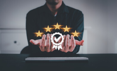 Hand shows the sign of the top service Quality assurance 5 star, Guarantee, Standards, ISO...