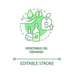 Vegetable oil demand green concept icon. Farm production consumption. Food prices abstract idea thin line illustration. Isolated outline drawing. Editable stroke. Arial, Myriad Pro-Bold fonts used