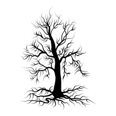 Dead tree with roots silhouette isolated on white