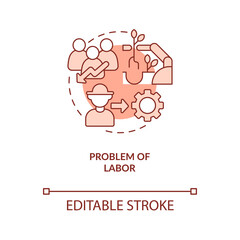 Reduce farm labor red concept icon. Farming mechanization. Agriculture automation abstract idea thin line illustration. Isolated outline drawing. Editable stroke. Arial, Myriad Pro-Bold fonts used