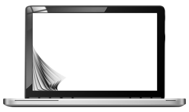 3D illustration of a modern laptop computer with blank screen and curled pages, isolated on transparent or white background, front view. Png.