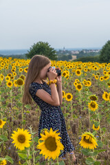 Girl taking a picture in a field of sunflowers, copy space