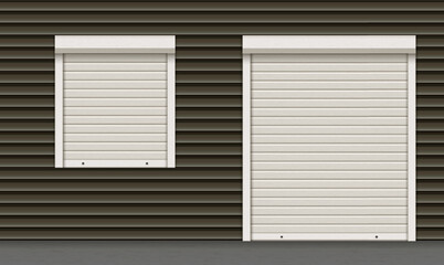 White closed roller garage shutter door and window with realistic texture on dark facade. Metal protect system for shops and stores. Vector illustration of steel gate of warehouse. Roller up blinds