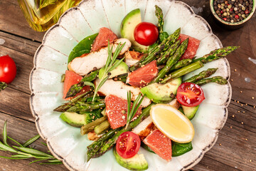 Ketogenic diet. dish with chicken meat asparagus, avocado, tomatoes. Detox and healthy concept. Keto food. Top view, overhead