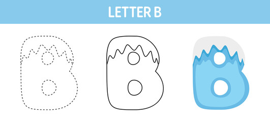 Letter B Snow tracing and coloring worksheet for kids