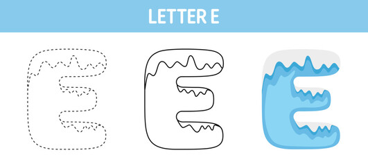 Letter E Snow tracing and coloring worksheet for kids