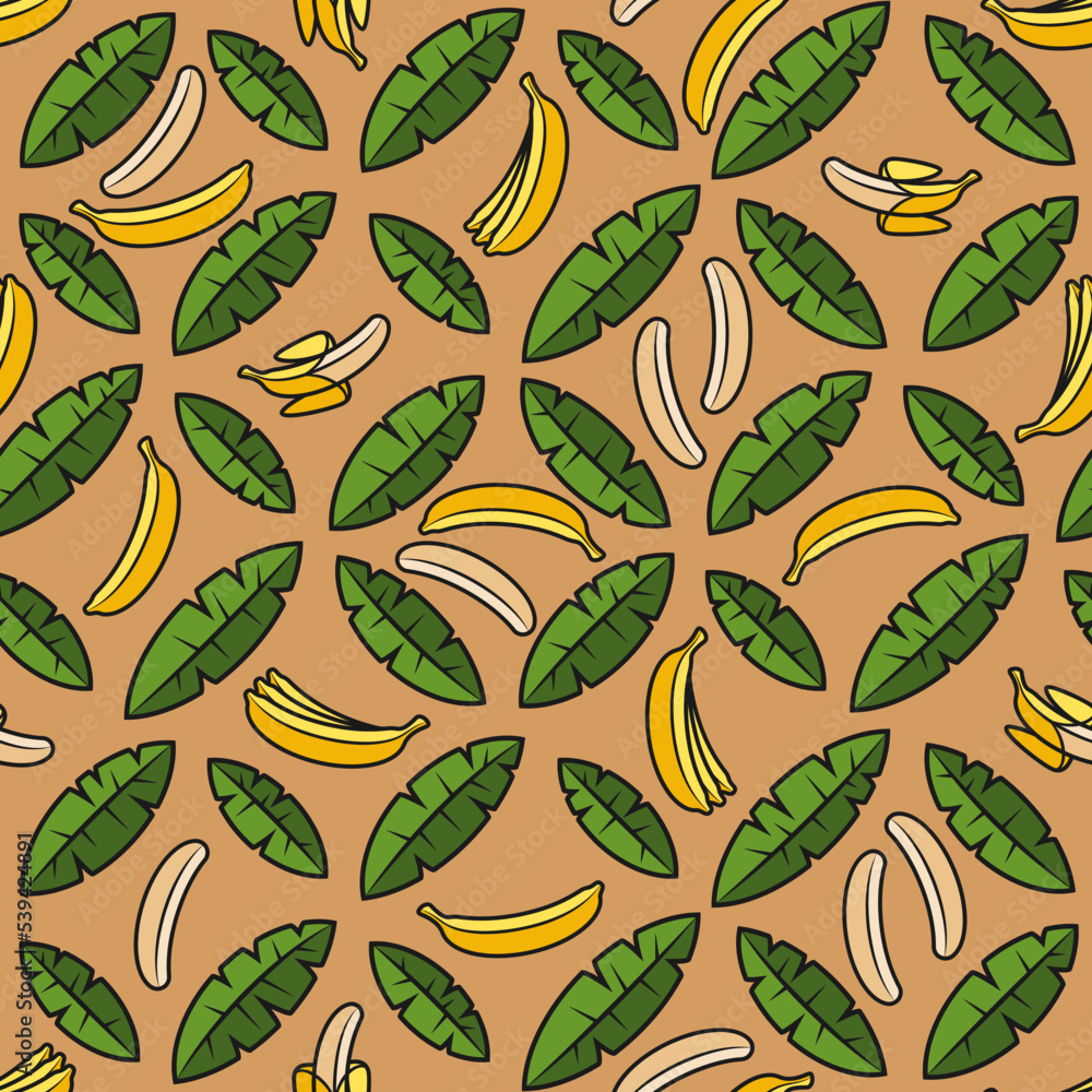 Poster seamless pattern with palm leaves and bananas. tropical vector background with isolated objects on s
