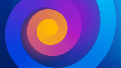 Blurred Abstract Geometrical Spiral Background Illustration. Smooth Transitions of Blue, Magenta, Orange and Yellow. Colorful Gradient Backdrop for your Social Media, Graphic Design, Banner, Poster