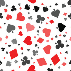Seamless pattern with card suits - hearts, clubs, spades and diamonds. Casino gambling, poker background.