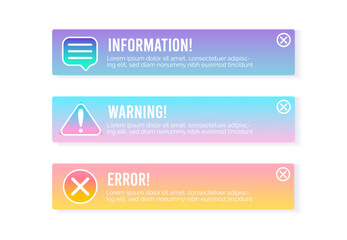 Warning information and error screens for mobile apps. Error alert ui box for web design or app interface.  Vector illustration