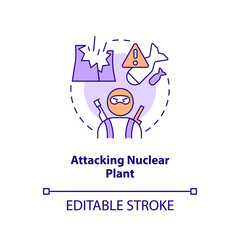 Attacking nuclear plant concept icon. Terrorism danger. Contamination accident cause abstract idea thin line illustration. Isolated outline drawing. Editable stroke. Arial, Myriad Pro-Bold fonts used