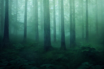 foggy autumn forest 3d illustration