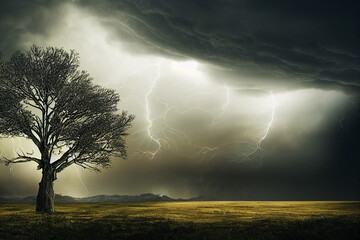 Fototapeta premium landscape with lonely tree and dark stormy sky 3d illustration