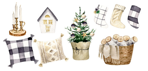 Christmas decoration elements in trendy farmhouse style. Watercolor holiday clipart. Winter illustration. Christmas tree, firewood basket, socks, xmas balls, candle, pillow, wooden tray. Neutral color