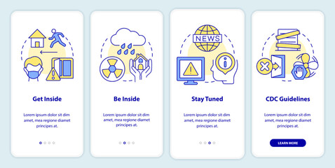 Survive during nuclear explosion onboarding mobile app screen. Safety walkthrough 4 steps editable graphic instructions with linear concepts. UI, UX, GUI template. Myriad Pro-Bold, Regular fonts used