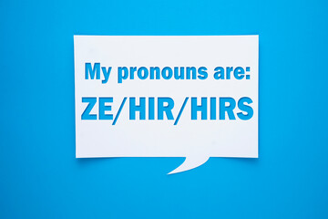 Neo pronouns concept, my pronouns are ze, hir, hirs text design with letter cutouts