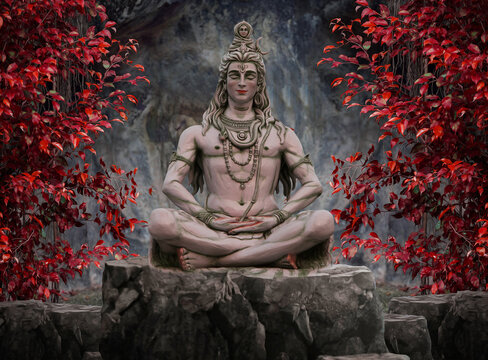 3D wallpaper design with nature background, lord shiva sitting on stone 
