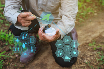 Farmer researching growth of plant in greenhouse. AOT Increase agricultural productivity concept.