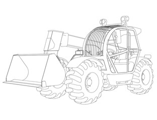 Excavator outline from black lines isolated on white background. Detailed tractor. Front view. 3D. Vector illustration.