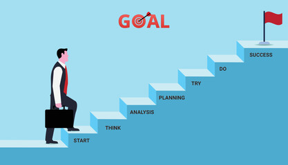 Businessman walking stairs to goal achievement vector template