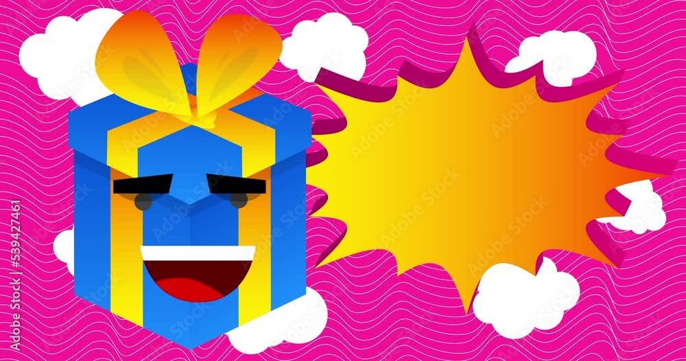 Poster Smiling Gift Box cartoon character with exploding speech bubble.