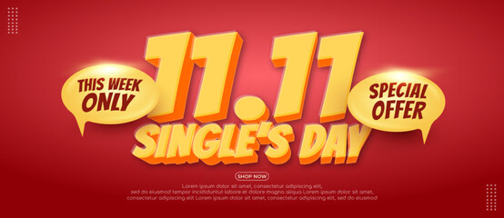 Realistic 11.11 single's day special offer banner template with red background