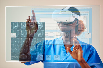 Female Nurse Or Doctor In Scrubs With VR Headset Interacting With AR Technology On Projected Screen